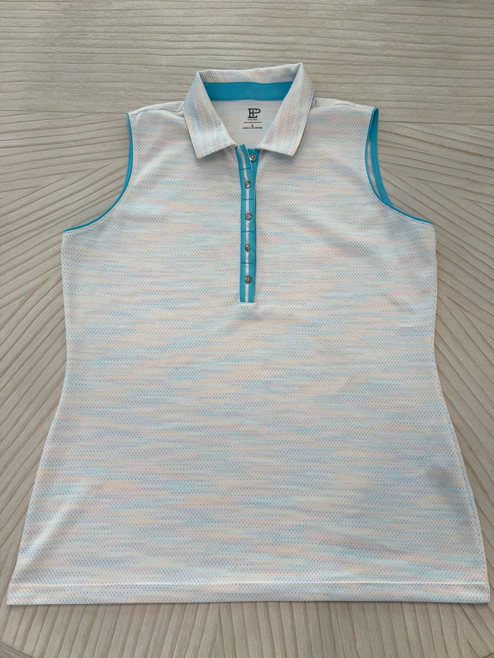 EP Pro White Polo with Aqua Accent and Pastel Dot Pattern